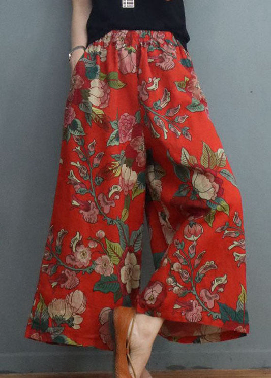 Handmade Red Print Linen Wide Leg Pants Spring