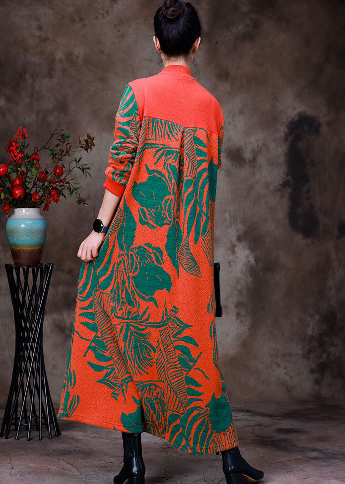 Orange Stand Collar Zip Up Jacquard Knit Robe Dresses Long Sleeve
