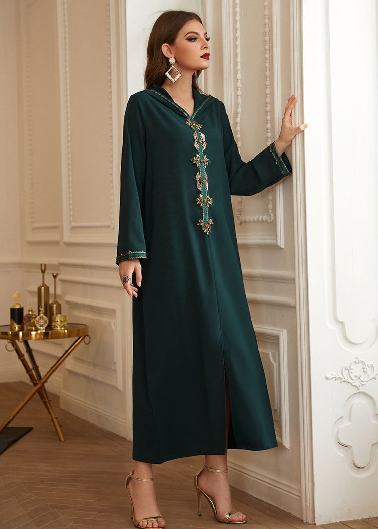 Green Patchwork Zircon Hooded Silk Long Dresses Long Sleeve