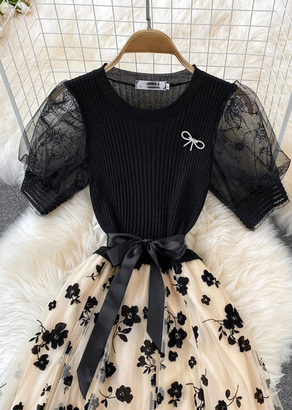 Apricot O-neck Embroideried Bow Tie Waist Knit Patchwork Tulle Maxi Dress Short Sleeve