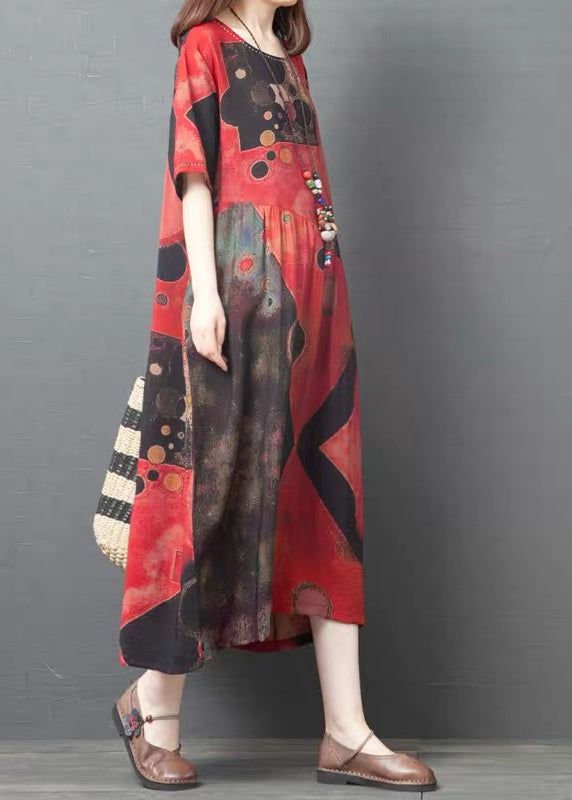 Red O-neck Print Cotton Beach Dress Short Sleeve