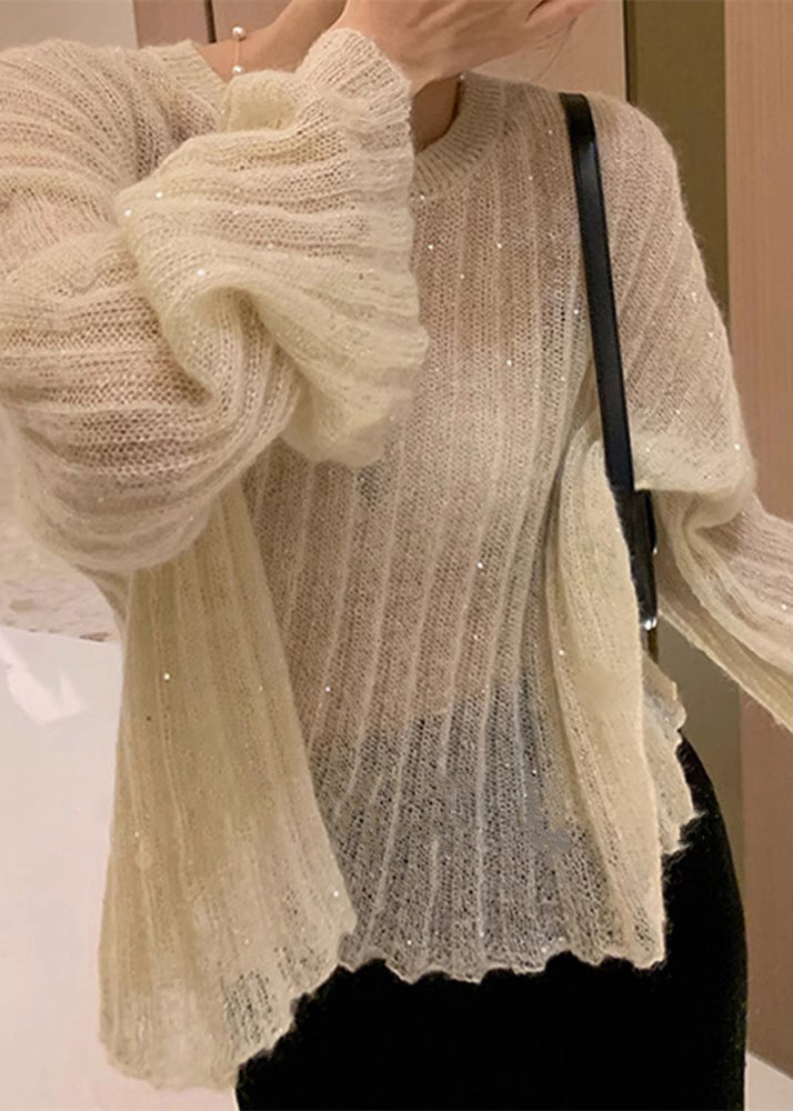 Beige O Neck Knit Sweaters Flare Sleeve