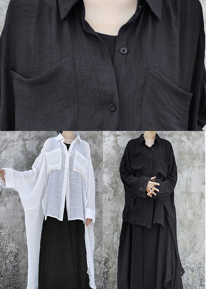 White Peter Pan Collar Asymmetrical Design Cotton Shirt Batwing Sleeve
