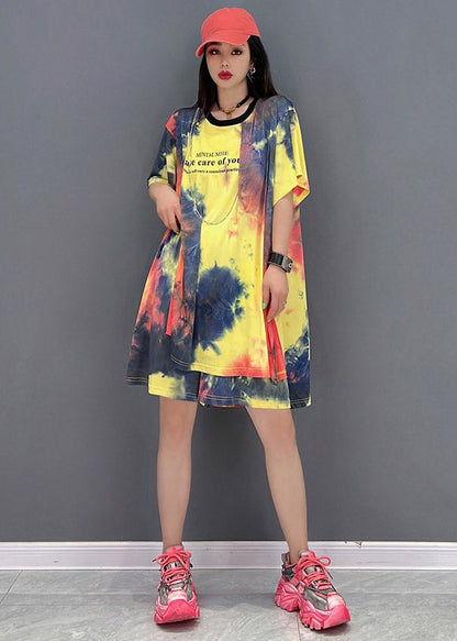 Loose Yellow O-neck Print Top and Shorts Silk Two Pieces Set Summer