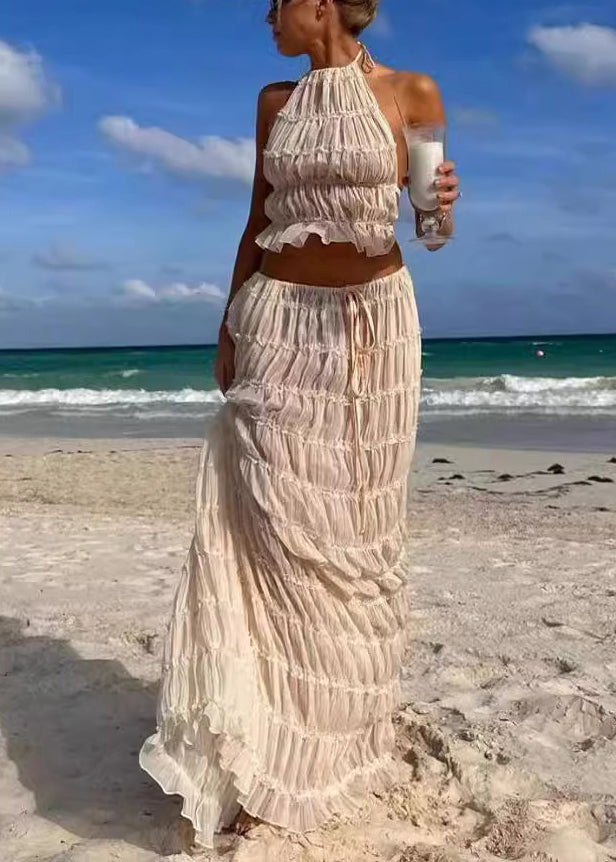 Beige Ruffled Lace Up Chiffon Two Pieces Set Sleeveless
