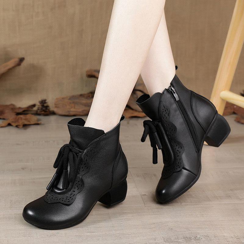Black Zippered Cowhide Leather Boots Lace Up Boots