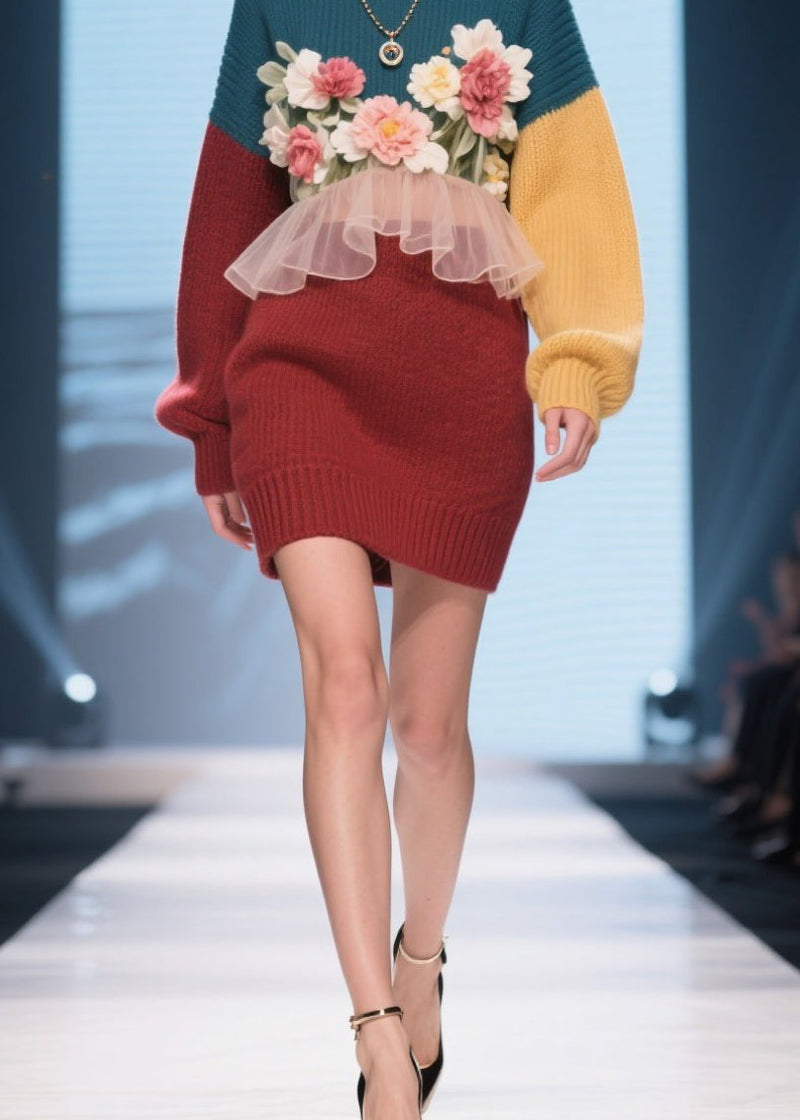 Handmade Colorblock O Neck Ruffled Knit Dress Winter