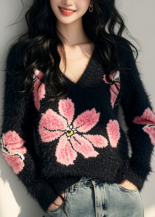 Stylish Black V Neck Ma Hai Mao Knit Sweater Spring