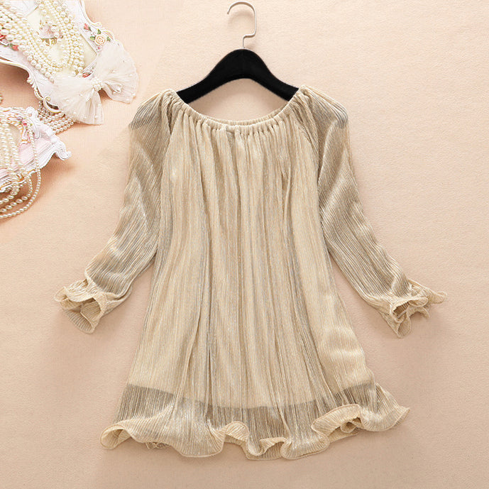 French Golden O-neck Chiffon Shirts Spring Summer