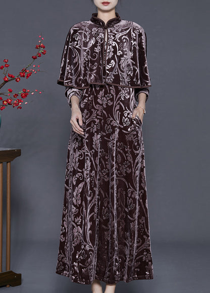 Chocolate Jacquard Silk Velour Long Dress Two Piece Set Fall