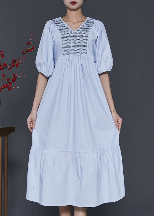 Sky Blue Embroidered Patchwork Cotton Dresses Summer