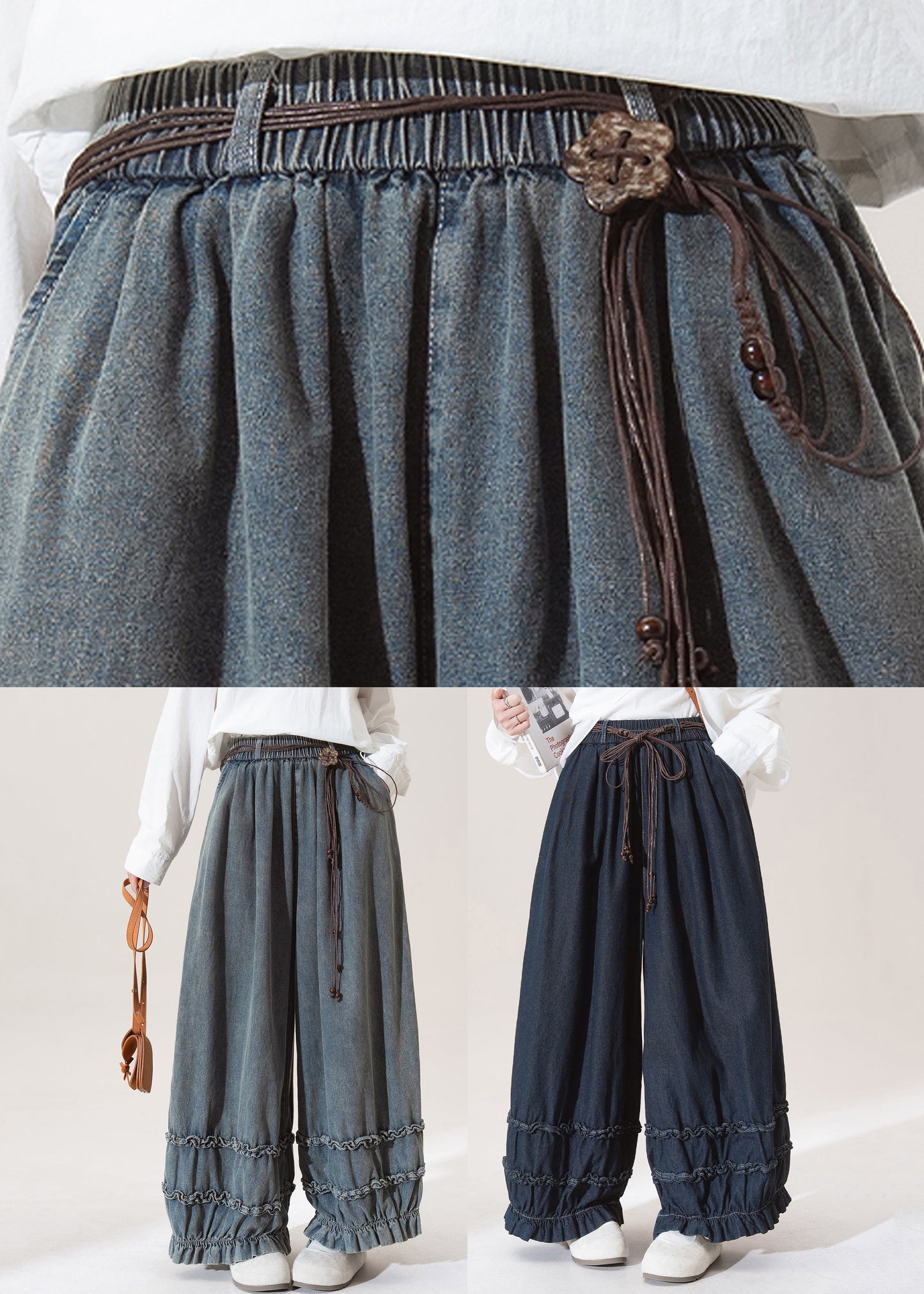 Dark Blue Dark Ruffled Pockets Lantern Jeans Spring