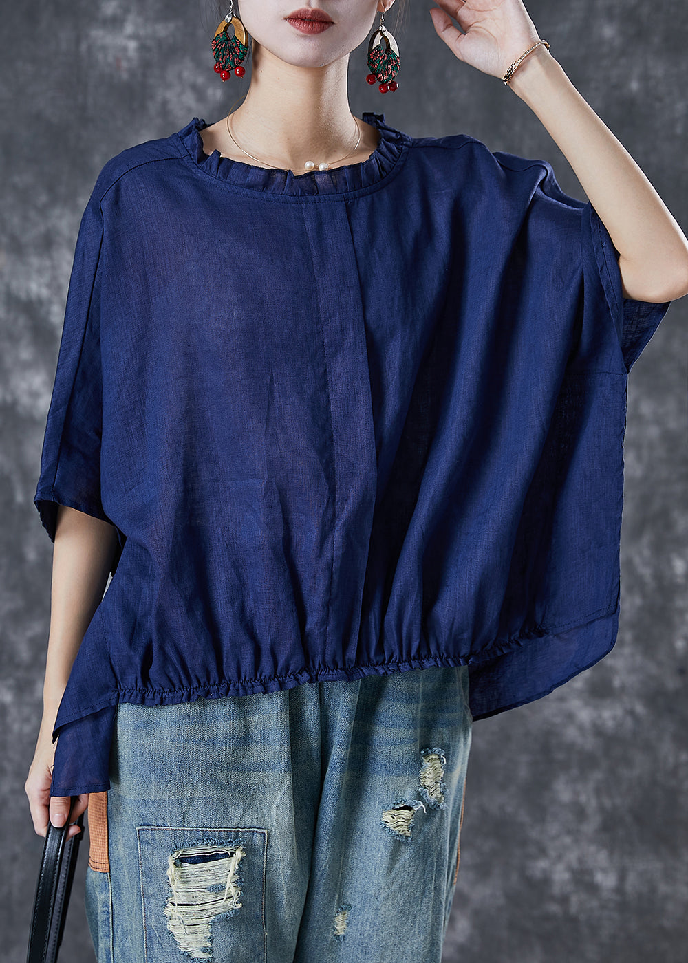 Navy Ruffled Low High Design Linen Top Short Sleeve