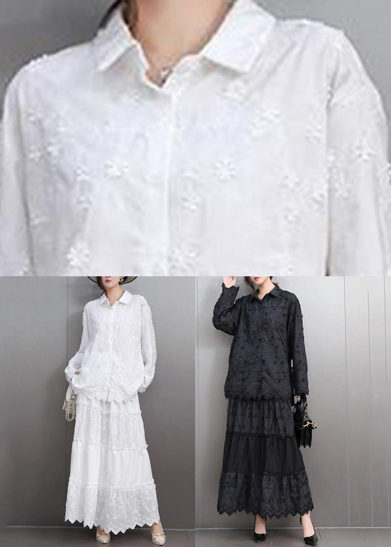 Boutique White Embroidered Lace Shirts and Maxi Skirts Two Pieces Set Flare Sleeve