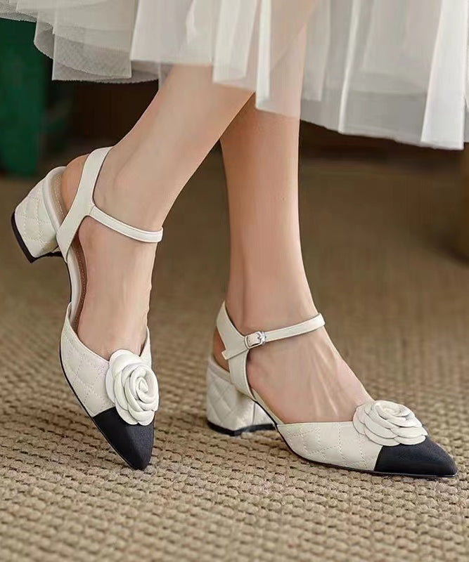 White Pointed Toe Chunky Heel Faux Leather Sandals