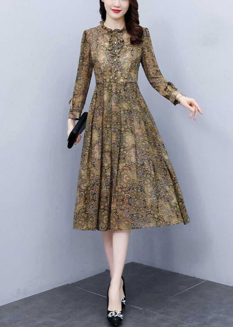 Ruffled Print High Waist Chiffon Dress Long Sleeve Fall
