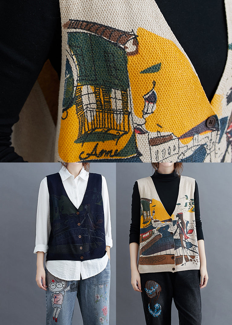 Navy Blue V Neck Print Side Open Knit Waistcoat Sleeveless