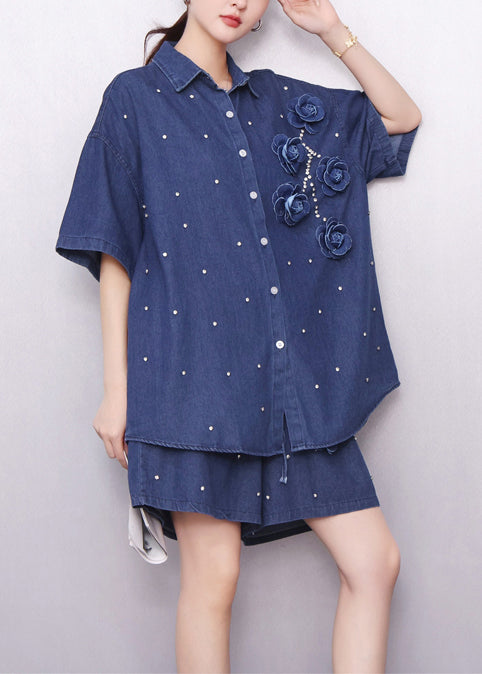 Handsome Navy Embroidered Nail Bead Two Piece Set Summer