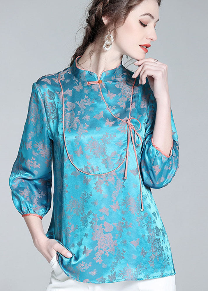 Blue Stand Collar Patchwork Jacquard Silk Blouse Tops Spring