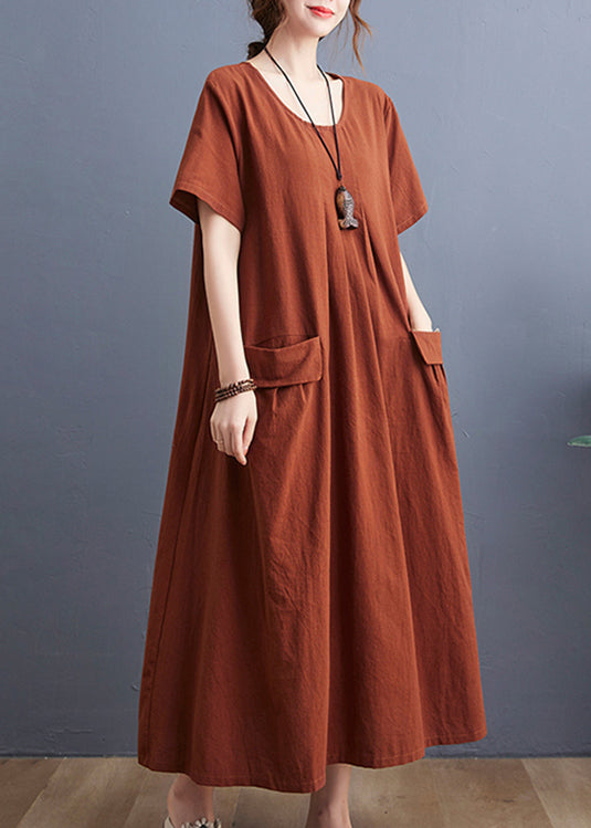 Caramel O-neck Wrinkled Pockets Linen Dress Short Sleeve