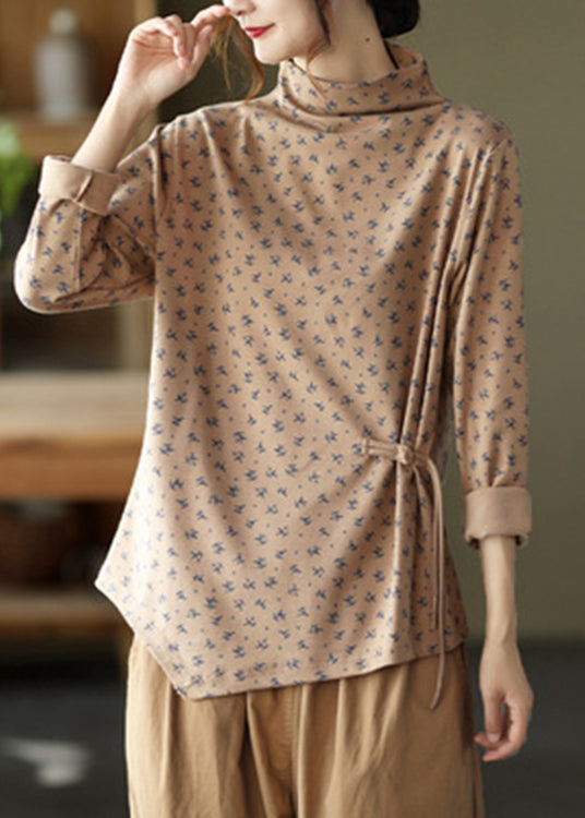 Diy Khaki Asymmetrical Print Cotton Top Long Sleeve