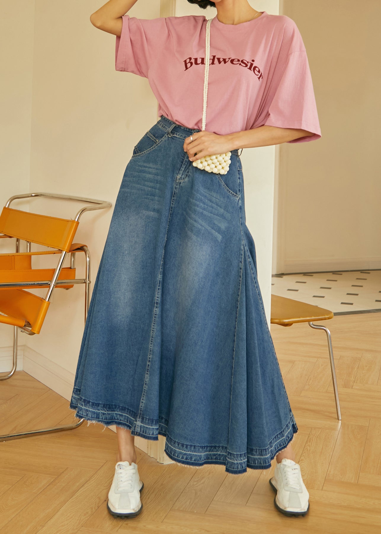 Blue Pockets High Waist Denim Skirt Fall