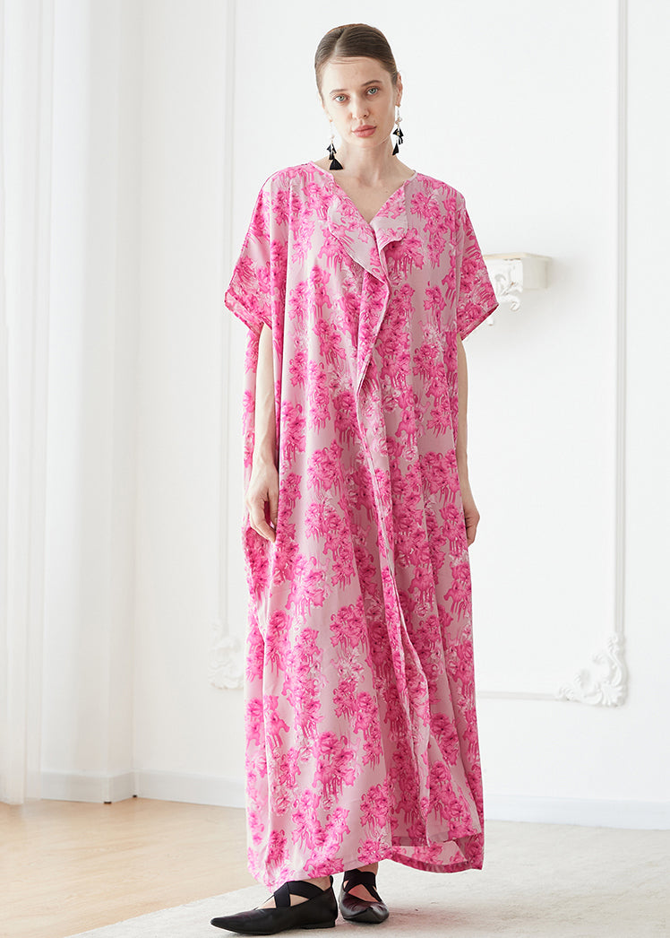 Rose V Neck Print Chiffon Robe Dresses Summer