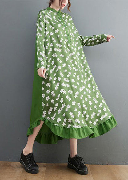 French Green Stand Collar Button Print Shirt Dress Long Sleeve