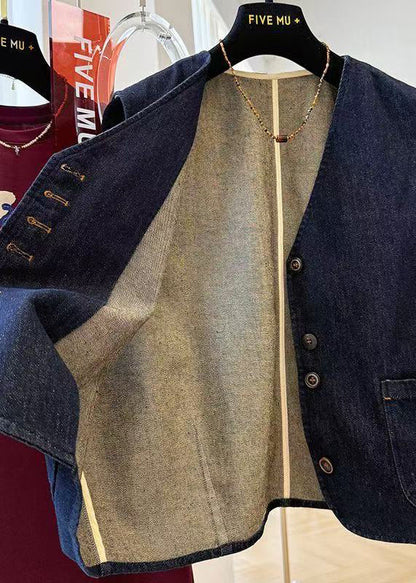 Navy Oversized Pockets Denim Vests Fall