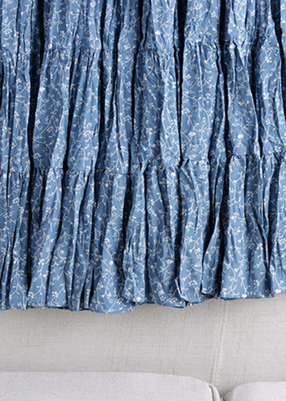 Boutique Blue Print Wrinkled Elastic Waist a Line Skirt Fall