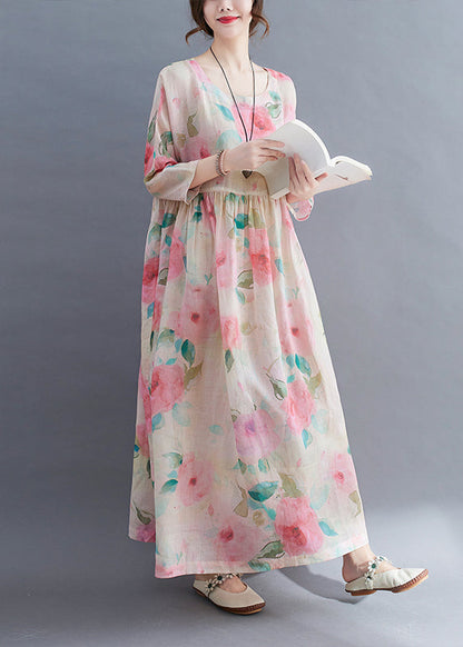 O-neck Cinched Print Vacation Dress Three Quarter Sleeve
