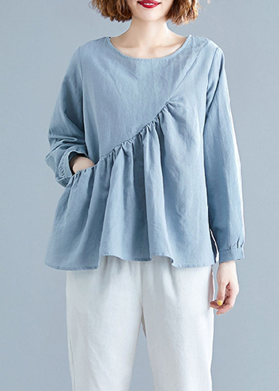 Light Blue O-neck Patchwork Ruffles Cotton Shirts Spring