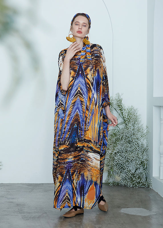 European and American Style Colorblock Print Chiffon Robe Dress Summer