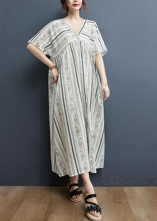 White Button V Neck Cotton Loose Dress Short Sleeve