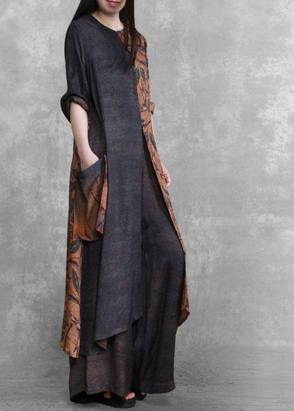 Original Splicing Large Size National Style Two Piece Suit Leisure Art Dark Gray Suit