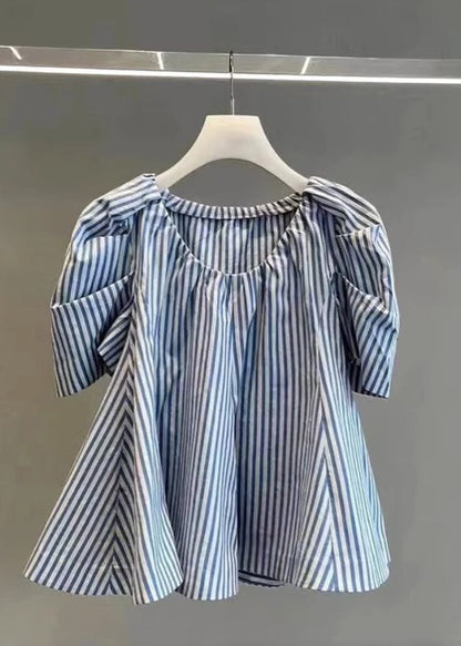 Blue Striped Cotton Shirts Puff Sleeve