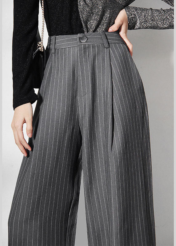 Grey Striped Pockets Wide Leg Pants Spring