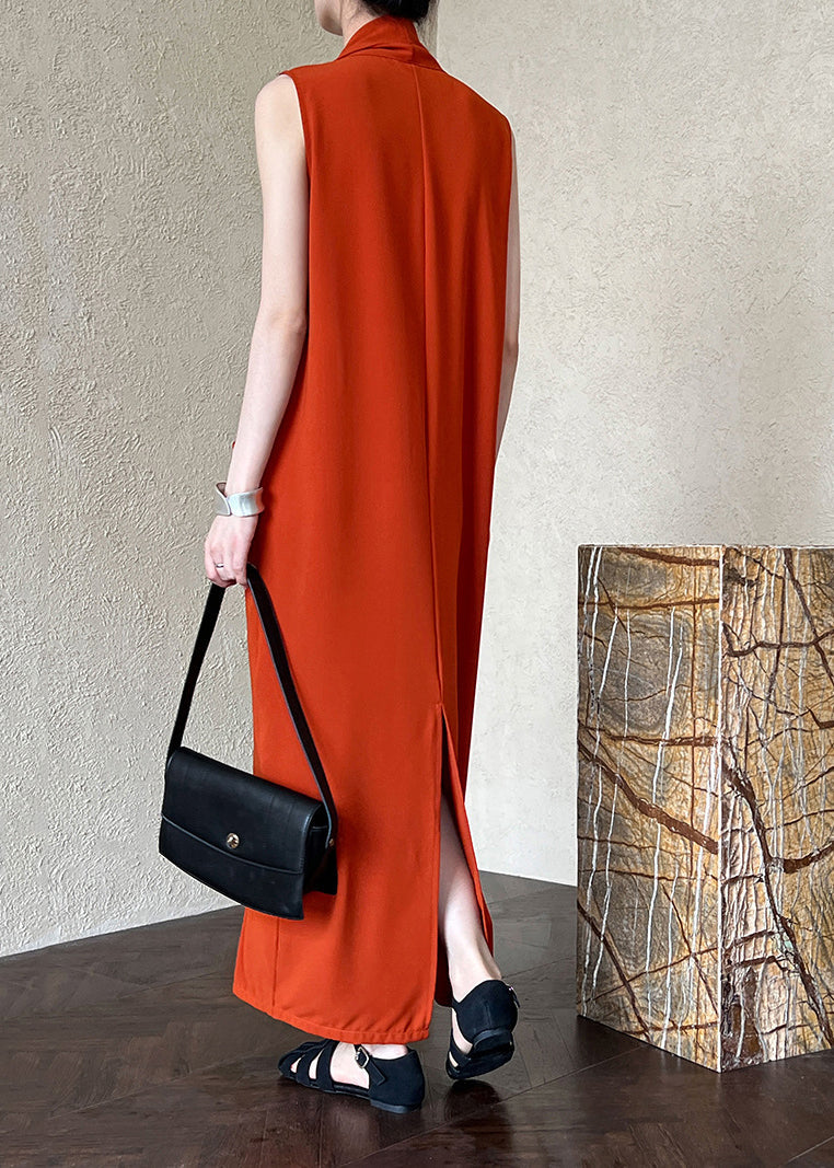 Italian Orange V Neck Pockets Cotton Long Dress Sleeveless