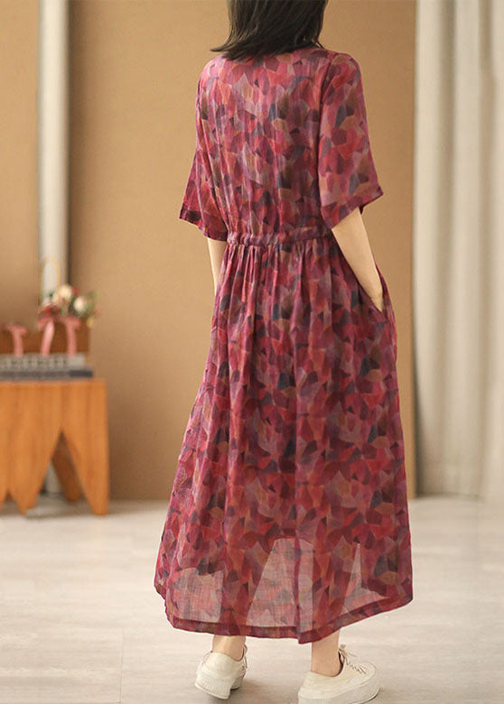 Red V Neck Tie Waist Wrinkled Print Linen Cinch Dresses Short Sleeve