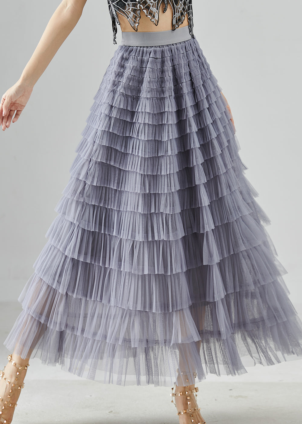 Grey Elastic Waist Layered Tulle Skirts Summer