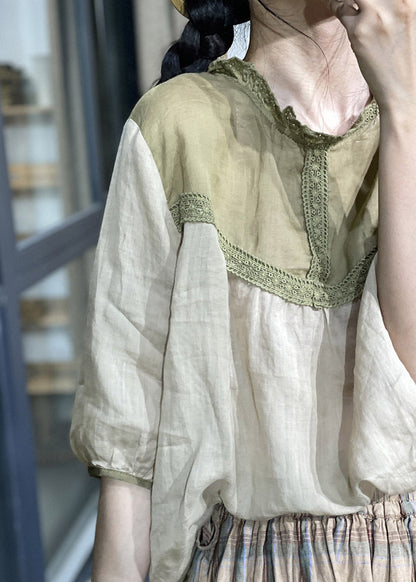 Apricot O-neck Lace Patchwork Linen Top Half Sleeve