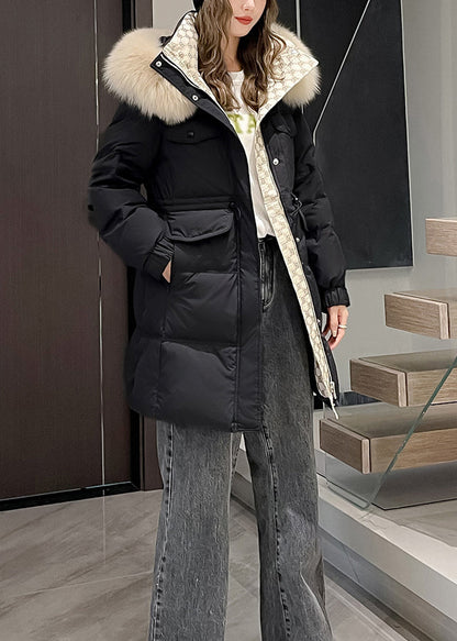 Khaki Fur Collar Hooded Drawstring Duck Down Coats Winter