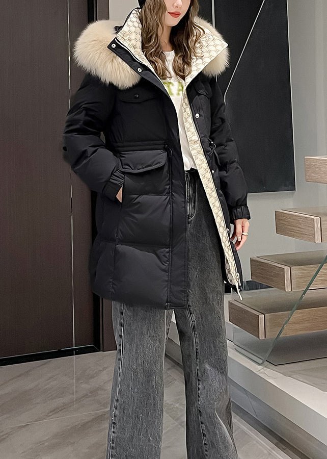 Khaki Fur Collar Hooded Drawstring Duck Down Coats Winter