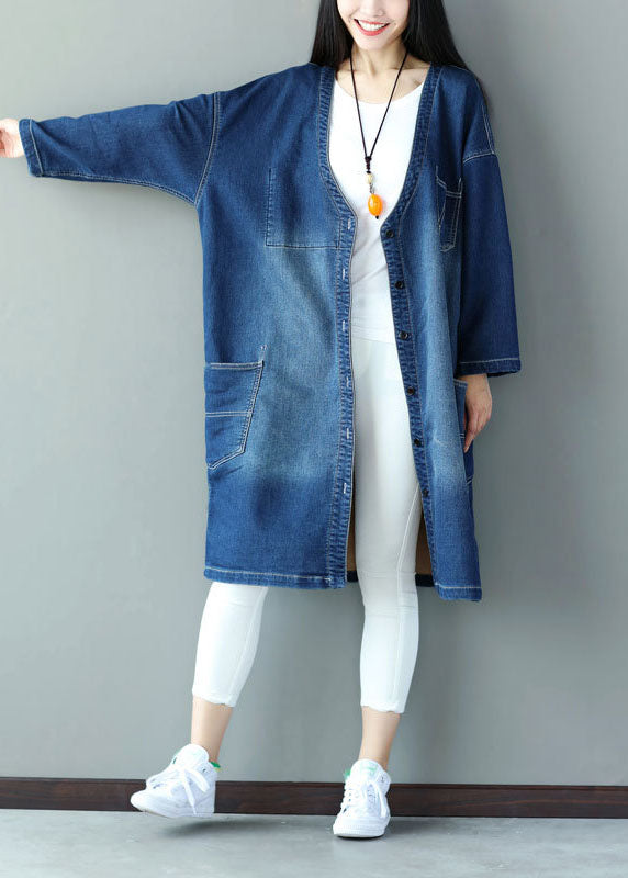 Blue V Neck Pockets Applique Cotton Denim Coats Spring