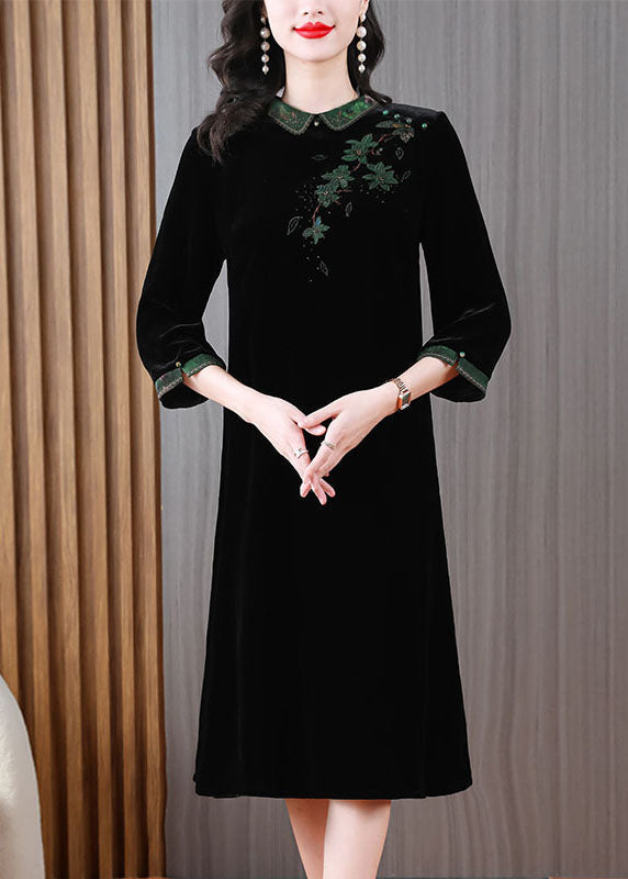 Green Peter Pan Collar Embroideried Silk Velour Long Dress Long Sleeve