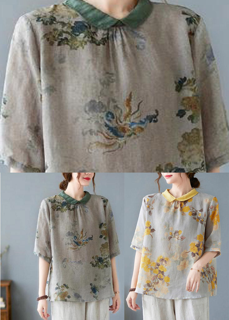 Greyish Green Peter Pan Collar Button Shirts Half Sleeve