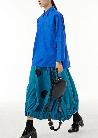 Blue Asymmetrical Design Patchwork Cotton Shirts Top Long Sleeve