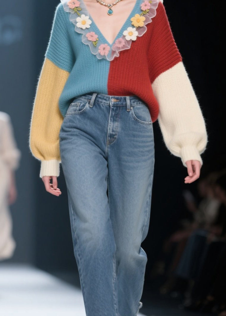 V Neck Ruffled Knit Sweaters Winter