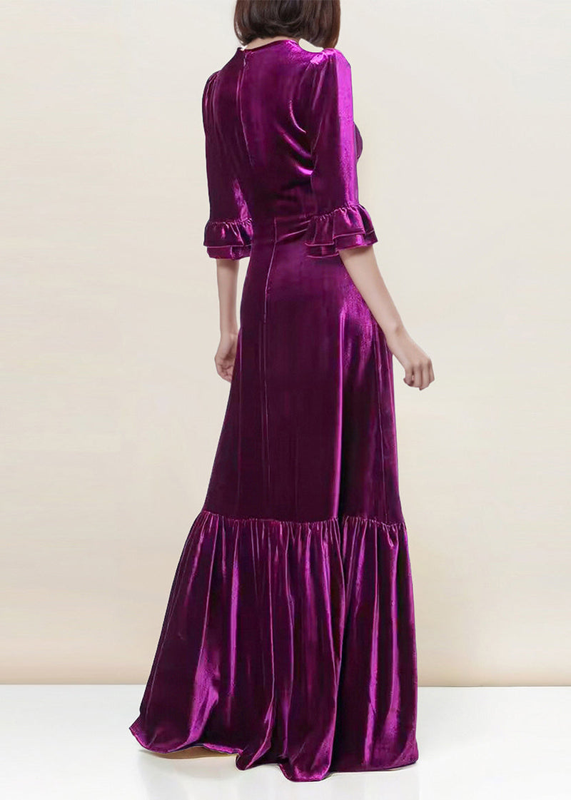 French Purple O Neck Ruffled Patchwork Silk Velour Long Dresses Spring