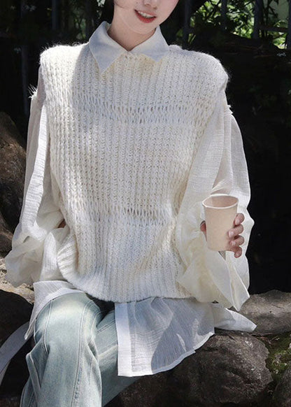 White Hollow Out Knit Cardigans and Shirts Two Pieces Set Long Sleeve
